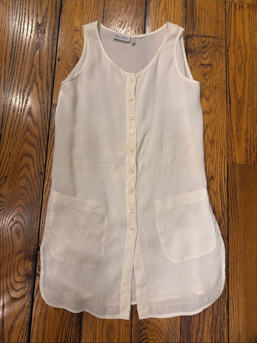 "MASKA Vintage Ecru Longline Sleeveless Minimalist Button-Down Tunic/Vest Sz 4